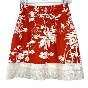 Ann‎ Taylor Linen & Lace Pleated Side Zip Tropical Floral Tomato Red Skirt XS